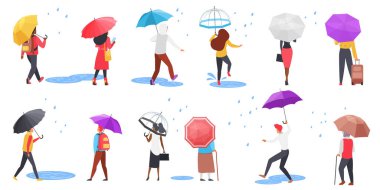Şemsiyeli insanlar, arka görüş. Şemsiye tutan erkek ve kadın yayalar, genç ve yaşlı karakterler su birikintilerinde yağmurda yürüyorlar, çanta ve bavul vektör çizimleri taşıyorlar.