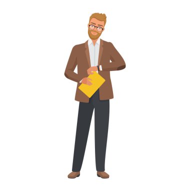 Zamanı kontrol etmek için kol saatine bakan adam, vektör illüstrasyonunu elinde tutan öğretmen veya iş adamı