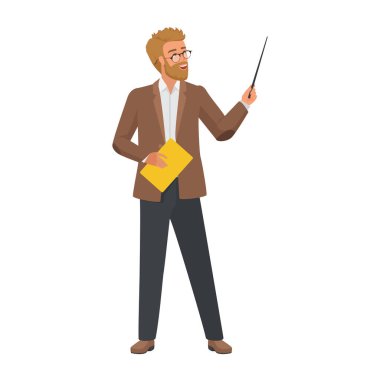 Öğretmen işaret parmağıyla işaret ediyor, üniversite profesörü ders vektörü illüstrasyonunda açıklıyor