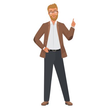 Gözlüklü adam işaret parmağı gösteriyor, kendine güvenen öğretmen ya da lider tavsiye vektörü çizimi yapıyor