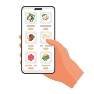 Mobil uygulamalı restoran menüsü ekran vektör illüstrasyonunda el ele tutuşan akıllı telefon