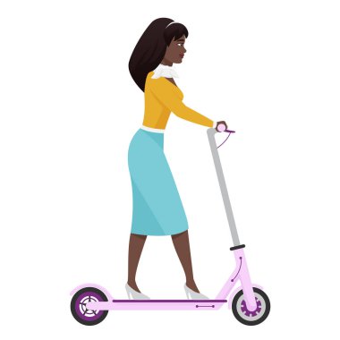 Elektrikli scooter kullanan genç bir kadın, şehir gezisi vektör illüstrasyonu için taşınabilir taşıma