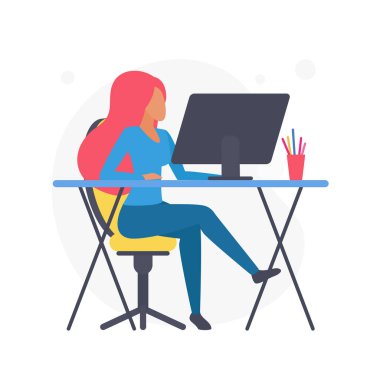 Uzaktan çalışma ya da evde çalışma, ofis bilgisayarında oturan kadın vektör çizimi