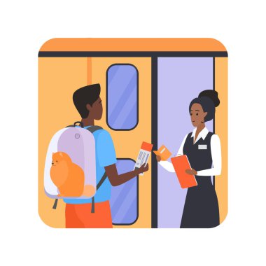 Şeffaf sırt çantalı bir adam vektör illüstrasyonunu kontrol etmek için görevli biletleri veriyor.