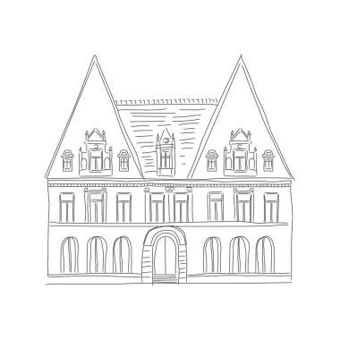 Avrupa caddesinde çatısı olan antik bir ev, mimari taslak vektör çizimi
