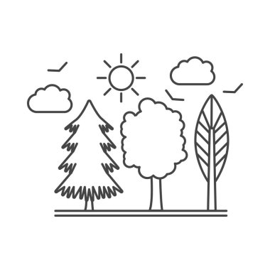 Ağaçlı şehir parkı veya orman, yaz ormanlarının çizgi ikonu ve güneş vektör illüstrasyonları