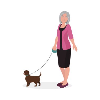 Mutlu gülüşlü yaşlı bir kadın tasma vektör çiziminde küçük kahverengi bir köpekle yürüyor.