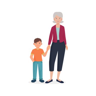 Küçük mutlu çocuğun, büyükannenin ve torununun elini tutan yaşlı kadın.