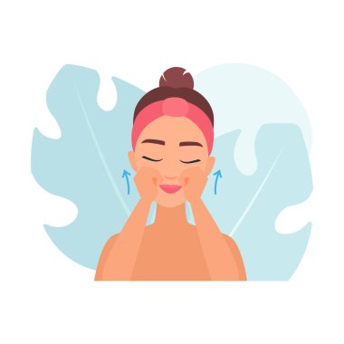 Yanaklarına masaj yapan manken kızın portresi yukarı masaj okları vektör illüstrasyonunda.