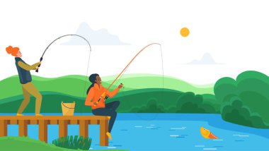 İki balıkçı kız, nehir yaz manzarasında tahta iskelede olta çubuklarıyla balık yakalıyor. Dişi arkadaşlar gölet suyuna yem atıyorlar. Mutlu balık tutma çizgi filmi çizimleri olan şirin bir sahne.