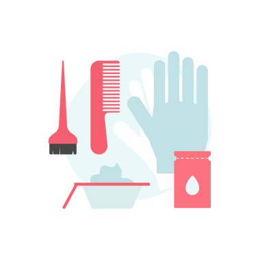 Fırça ve tarak, saç boyası, renk iplikleri vektör çizimi için kuaför seti