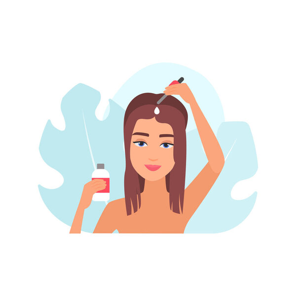 Девушка с длинными волосами с бутылкой и пипеткой с сывороткой, маслом или эссенцией для векторной иллюстрации ухода за кожей головы