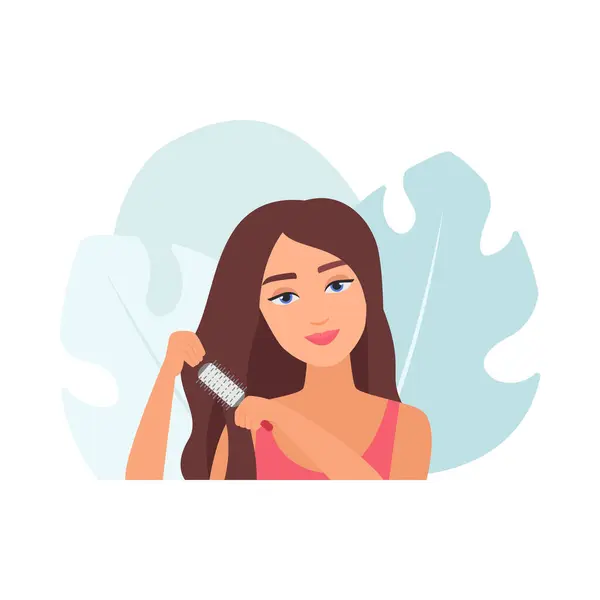 stock vector Girl brushing hair with round brush to straighten strands and style vector illustration
