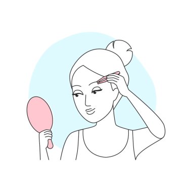 Cımbız ve kozmetik ayna tutan kız kaş kıllarını, çizgi ikon vektör illüstrasyonunu kaldırmak için