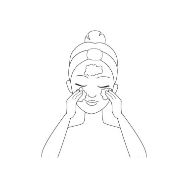 Makyaj ve toz çizgisi ikonu çiziminden cilt gözeneklerine köpük uygulayan kız