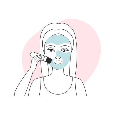 Cilt çizgisi ikon çizgisi resimlemesi için fırçayla kil maskesi uygulayan kız
