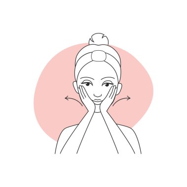 Cilt yüz masajı yapan kız, ok çizgisi çizgisi ikonu çizimi boyunca yanak masajı yapan kız