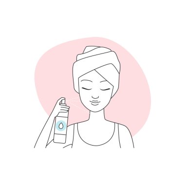Banyo çizgisi ikon illüstrasyonunda yüz derisine mineral termal su spreyi kullanan kız