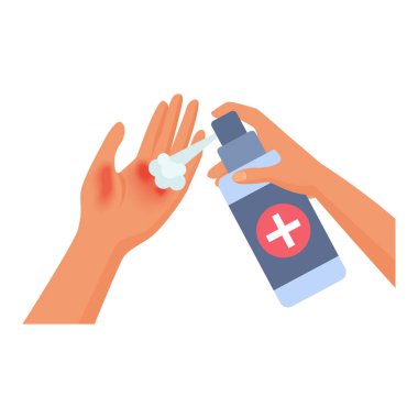 Tıbbi haçla şişeden avuç içi çiziminin hasarlı cildine iyileştirme spreyi uygulanıyor.