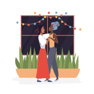 Birlikte dans eden mutlu LGBT çifti, tatil vektör illüstrasyonunu kutlayan kızlar.