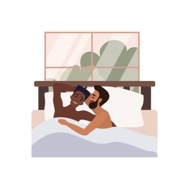 Mutlu LGBT gay çift büyük yatakta uzanıp eğlenceli vektör illüstrasyonlarıyla konuşuyorlar.