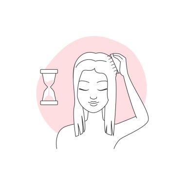 Saç fırçasıyla kafa derisine masaj yapan bir kız. Saç bakımı talimatı illüstrasyonunun basamağı.