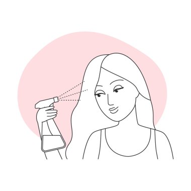 Termal koruma vektörü illüstrasyonuyla saç korumak için sprey şişesi kullanan kız.