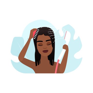 Su vektörü illüstrasyonunun altında saç fırçalamak için duş başlığı ve masaj aleti tutan kız.
