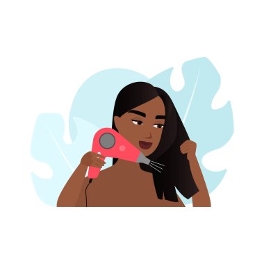 Kız, vektör çiziminden sonra saç kurutma makinesiyle kurutmak için saç teli tutuyor.