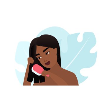 Kuruladıktan sonra saçını tarayan ve banyo vektör çiziminde yıkanan kız.