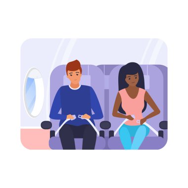 Erkek ve kadın birlikte uçak koltuklarında oturuyorlar, emniyet kemeri takan yolcular vektör çizimleri.