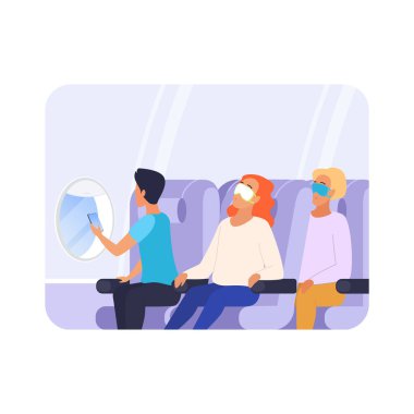 Uçak kabininde oturan yolcular, pencere vektörü illüstrasyonundan fotoğraf çeken adam.