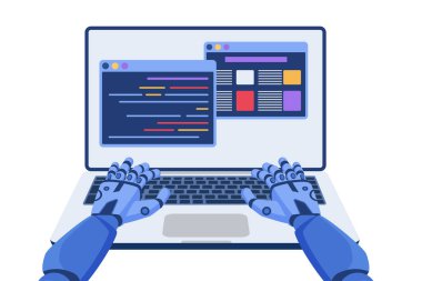 Robot kodlama ve dizüstü bilgisayarda oturmak, program pencereleri karikatür çizimi ile çalışan robotların elleri. Yapay zeka, makine eğitimi, teknoloji hizmeti ve sohbet kullanarak yazılım kodu otomasyon geliştirme.