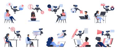 Sohbet robotu setinden kullanıcı yardımı. Dizüstü bilgisayarla çalışan ve yapay zeka yardımıyla telefon kullanan küçük insanlar fikirleri araştırıyor ve sohbet robotu çizimi çizimleri ile sorulara cevap veriyor.