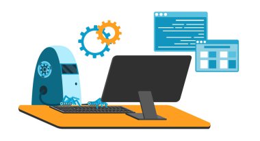 Çizgi film vektör çizimi için klavye kullanan masadaki sevimli robot. Otomatik yazılım çalışması, iş projesi geliştirme otomasyonu, fütürist makine öğrenme süreci izole