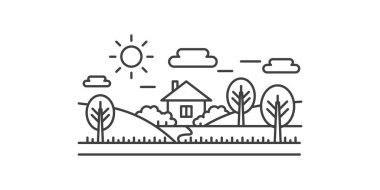 Çiftçi evine giden yolu olan köy manzarası ağaçlı tarlalar, çizgi ikonu illüstrasyonu