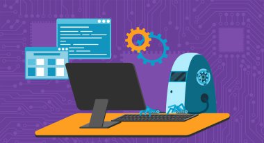 Otomatik yazılım çalışmaları, iş projelerinin geliştirilmesi, fütürist makine öğrenme süreci. Çizgi film vektör illüstrasyonunu yazmak ve çalışmak için klavye kullanan masadaki sevimli robot