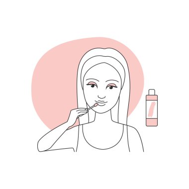 Dudak parlatıcı çizgi ikonu çizimi için ruj süren genç bir kızın portresi