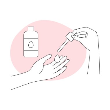 Kız elleri cilt bakımı çizgisi ikonu çizimi için pipetten avuç içine serum uygular