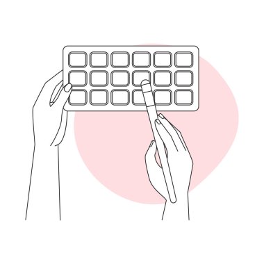 El, göz farı ve makyaj fırçası çizgisi ikonu çizimi olan dikdörtgen bir çantayı tutar