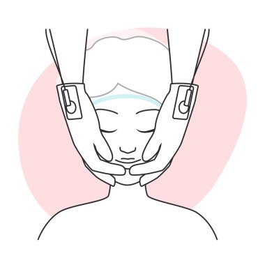 Mikro akım eldiven çizgisi ikon çizimi olan bir kadının yüzüne masaj yapan kozmetolog.