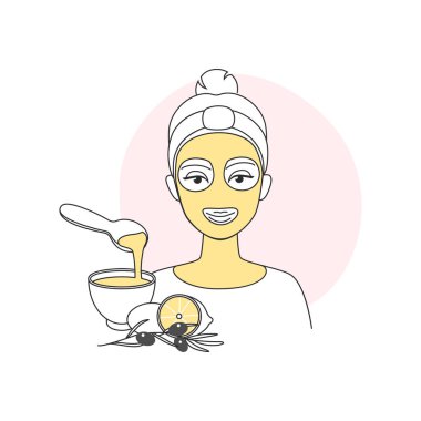 Organik zeytinyağı ve limon çizgisi ikonu çiziminden güzellik maskesi yapan kız