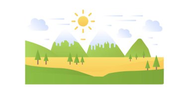 Basit dağ manzarası, ağaçlarla ve ufuk vektör çizimindeki kayalarla sade ve sade