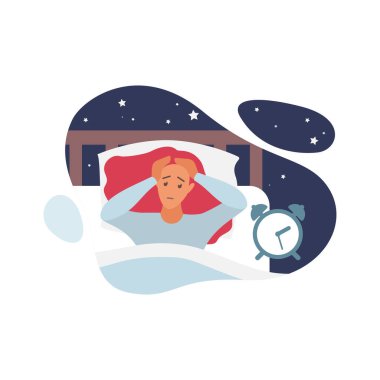 Yatakta yatan üzgün kadın uykusuzluk ve depresyon taşıyıcı illüstrasyonundan muzdarip.