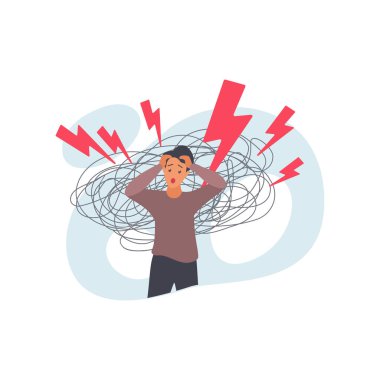 Erkek karakter yıldırımı ve düşünce karmaşası üzerine panik ve endişe içinde başını tutan adam.