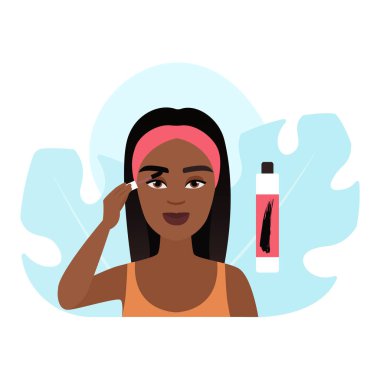 Kadın modeli, şişe vektör illüstrasyonundan fırçayla renk kaş jeli uyguluyor