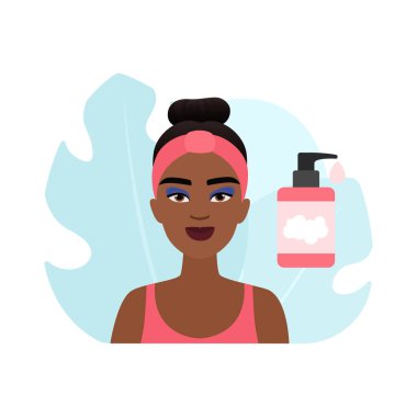 Banyo havlusundaki kızın makyaj malzemesi çıkarılması, sağlıklı deri vektörü çizimi için temizlik.