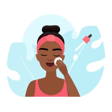 Yüzü temizlemek için pamuk tutmakta olan kız, serum vektör illüstrasyonunun bir damlasını uyguluyor