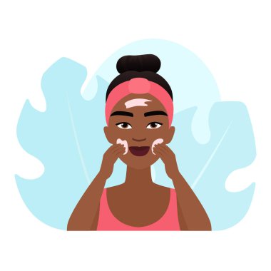 Yüzüne parmaklarıyla kozmetik krem süren bir kız, güzellik talimatı vektörü illüstrasyonu