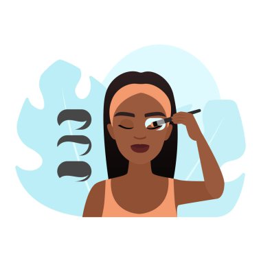 Göz farı sürme ve fırça vektör illüstrasyonuyla makyaj yapmak için elinde şablon tutan kadın